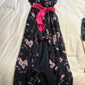 Eliza J Navy Blue Floral Dress with Pink Sash